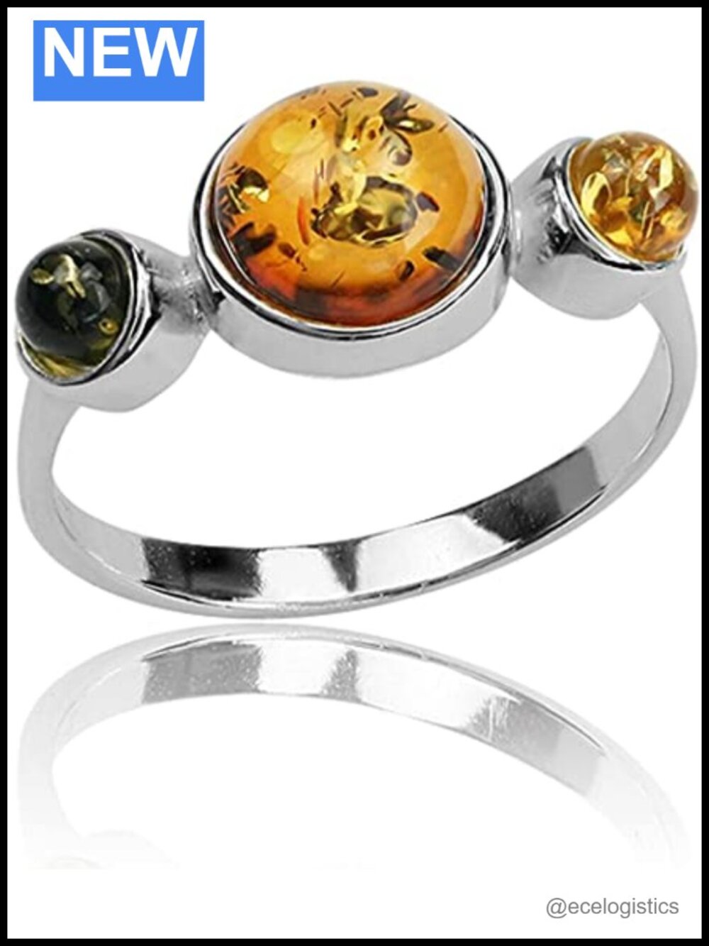 Sterling silver amber three round stones ring